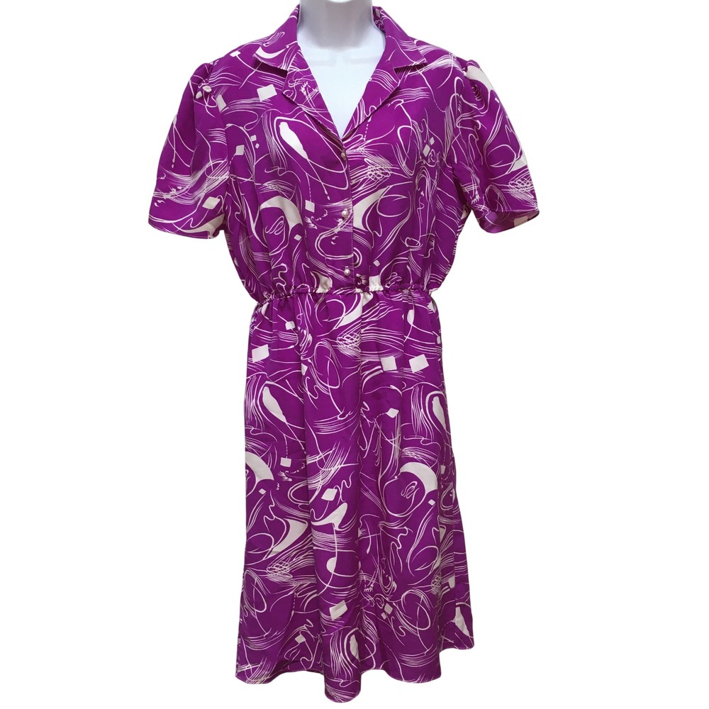 Vintage 80's Abstract Print Elastic Waist Shirt Dress Womens Medium Purple Retro